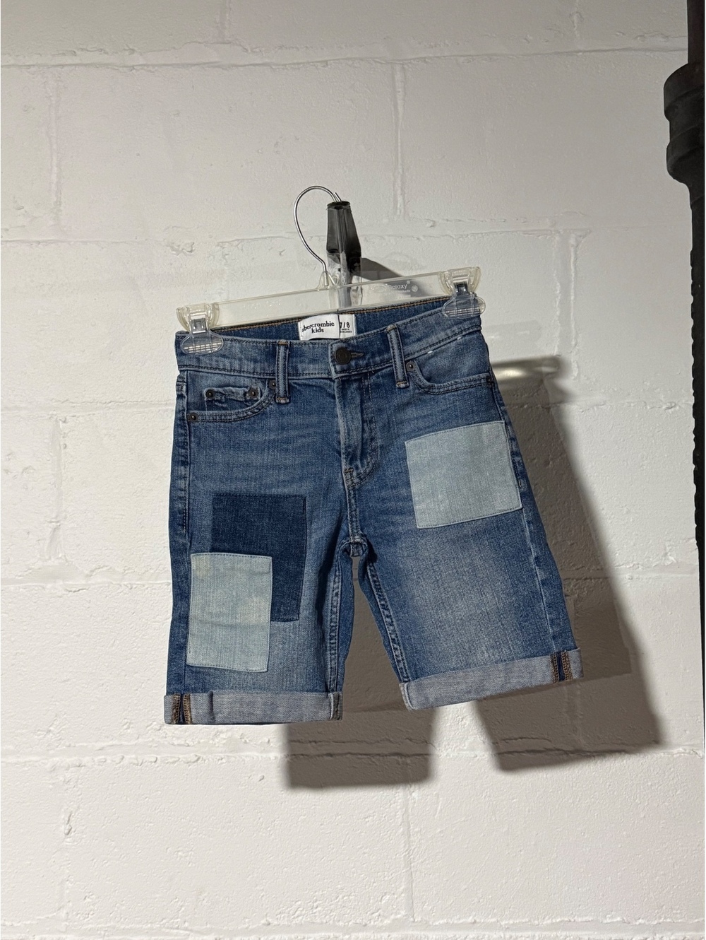 Abercrombie Kids Size 7/8 Patchwork Blue Jean Cuffed Bermuda Denim Shorts